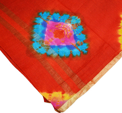 Indian Vintage Red Dupatta Long Stole Hand Tie-Dye Print Pure Chanderi Silk Indian Scarves Veil Golden Zari