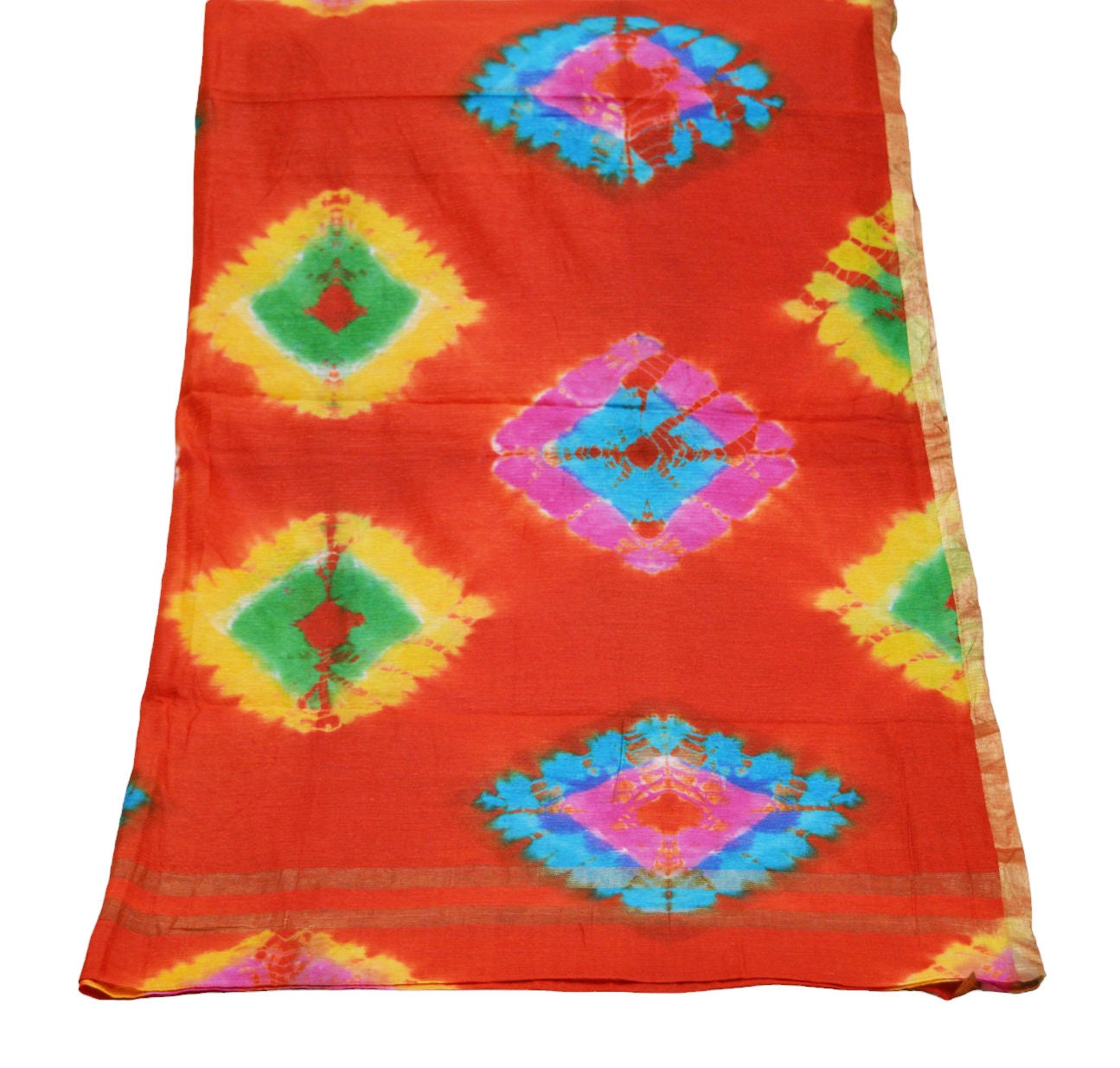 Indian Vintage Red Dupatta Long Stole Hand Tie-Dye Print Pure Chanderi Silk Indian Scarves Veil Golden Zari