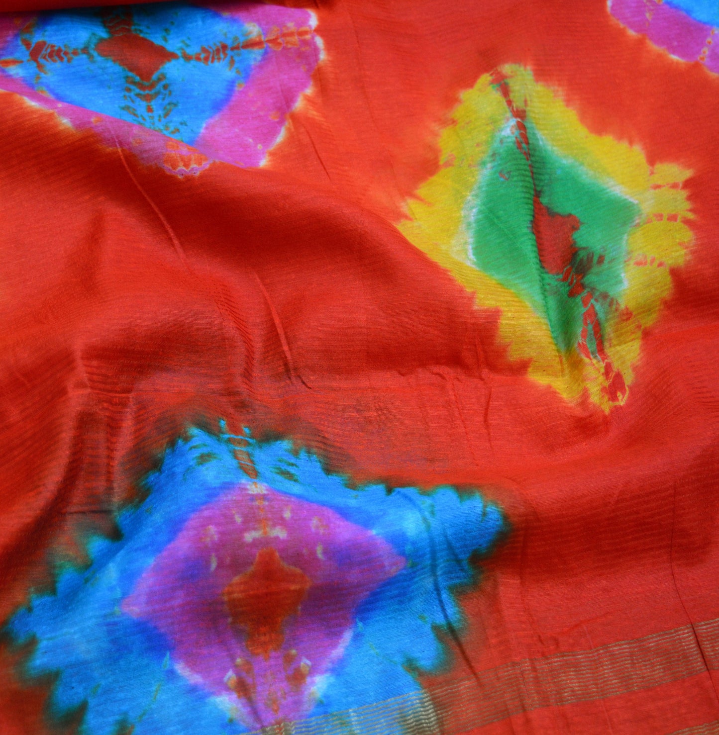 Indian Vintage Red Dupatta Long Stole Hand Tie-Dye Print Pure Chanderi Silk Indian Scarves Veil Golden Zari