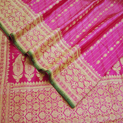 Indian Vintage Sari Magenta Art Silk Purple Woven Banarasi Brocade Saree Ethnic Golden Zari 5Yd