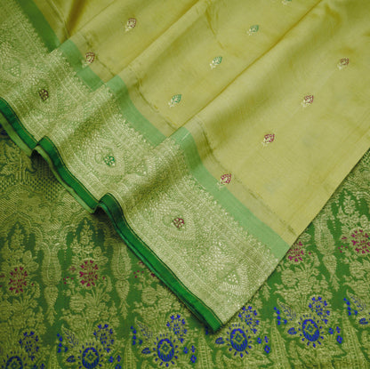 Indian Vintage Sari Beige & Green Art Silk Purple Woven Banarasi Brocade Saree Ethnic Golden Zari 5Yd