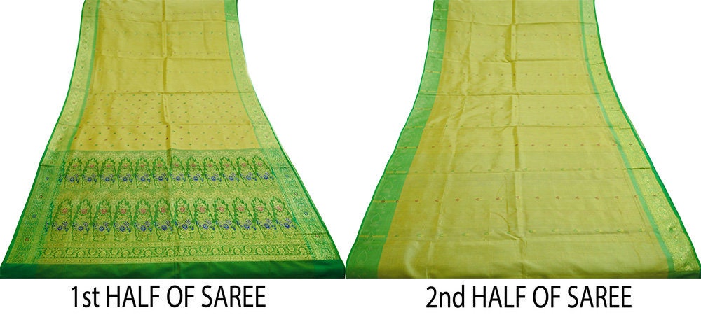 Indian Vintage Sari Beige & Green Art Silk Purple Woven Banarasi Brocade Saree Ethnic Golden Zari 5Yd