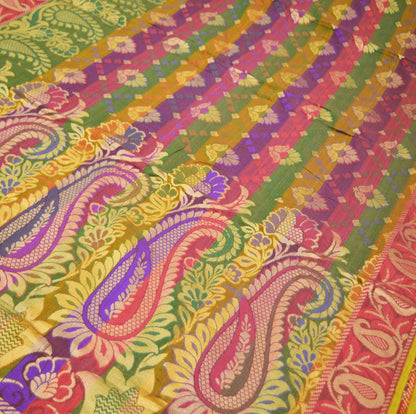 Vintage Sari Multi Hand Woven Art Silk Saree Metallic Golden Zari 5Yard Floral