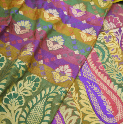 Vintage Sari Multi Hand Woven Art Silk Saree Metallic Golden Zari 5Yard Floral