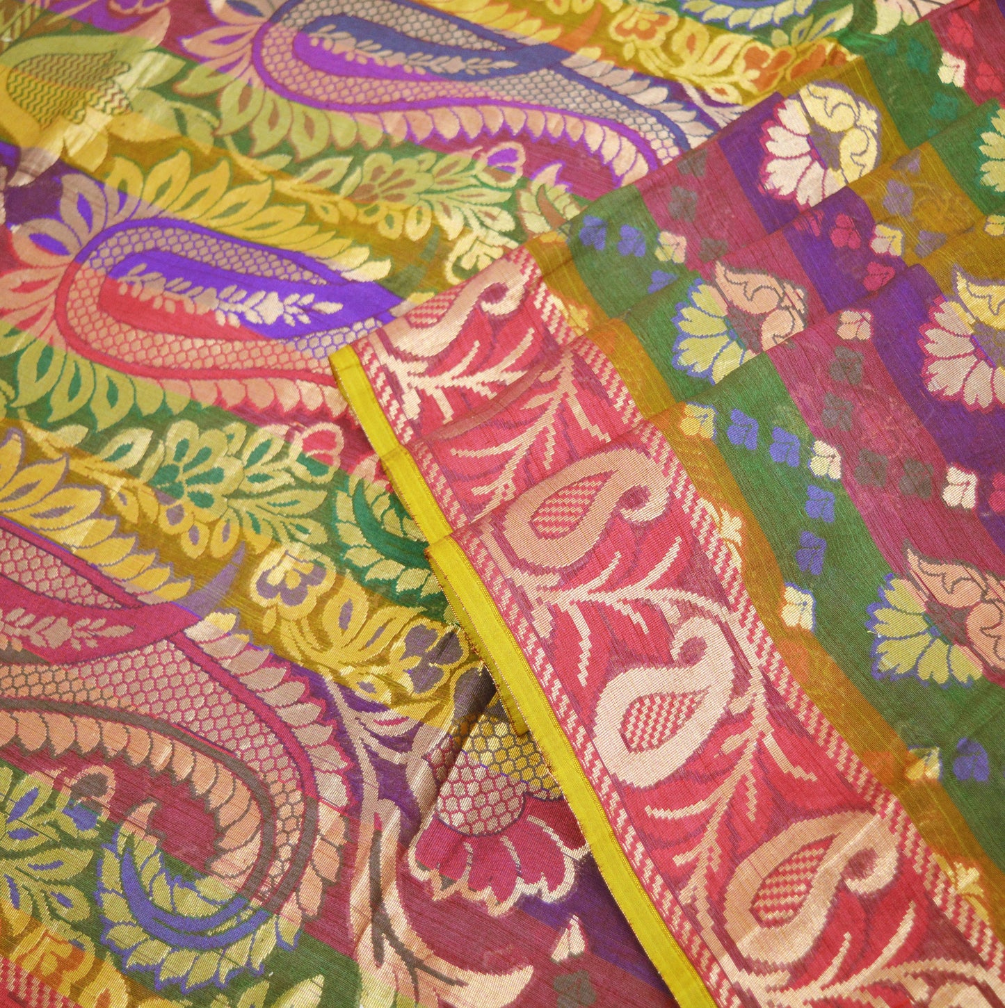 Vintage Sari Multi Hand Woven Art Silk Saree Metallic Golden Zari 5Yard Floral
