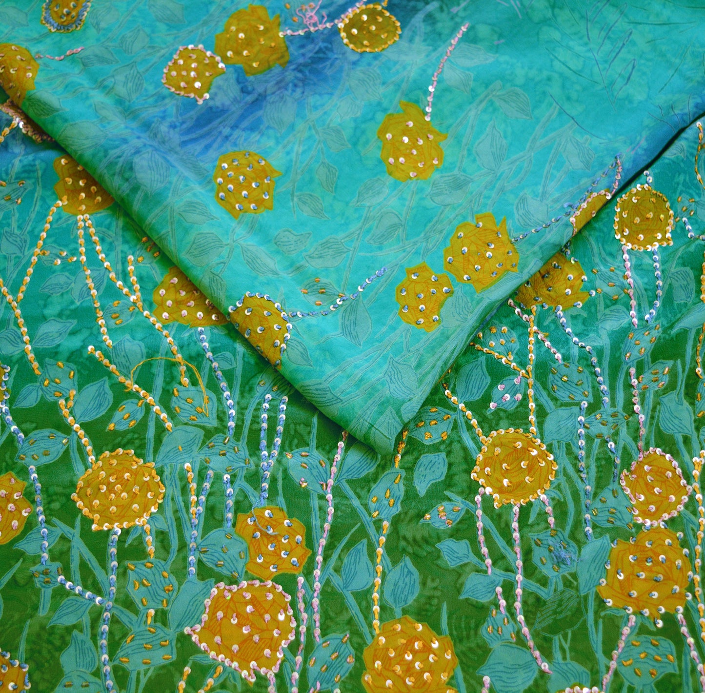 Indian Vintage Sari Blue Pure Crepe Silk Hand Embroidered Saree 5yard Sewing Floral Craft Sequins