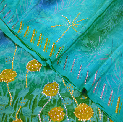 Indian Vintage Sari Blue Pure Crepe Silk Hand Embroidered Saree 5yard Sewing Floral Craft Sequins