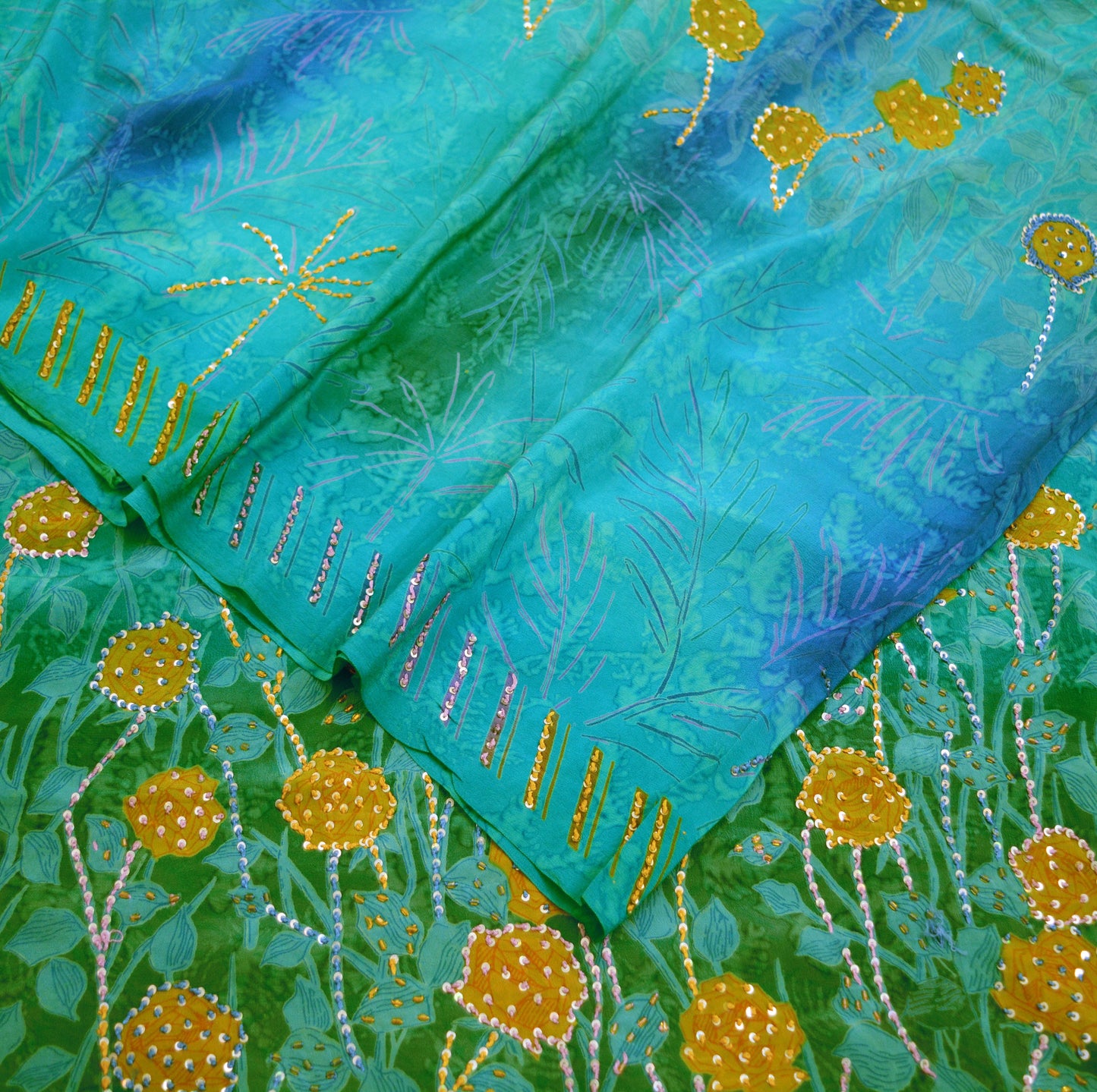 Indian Vintage Sari Blue Pure Crepe Silk Hand Embroidered Saree 5yard Sewing Floral Craft Sequins