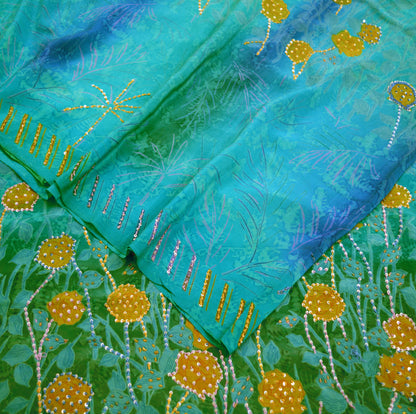 Indian Vintage Sari Blue Pure Crepe Silk Hand Embroidered Saree 5yard Sewing Floral Craft Sequins