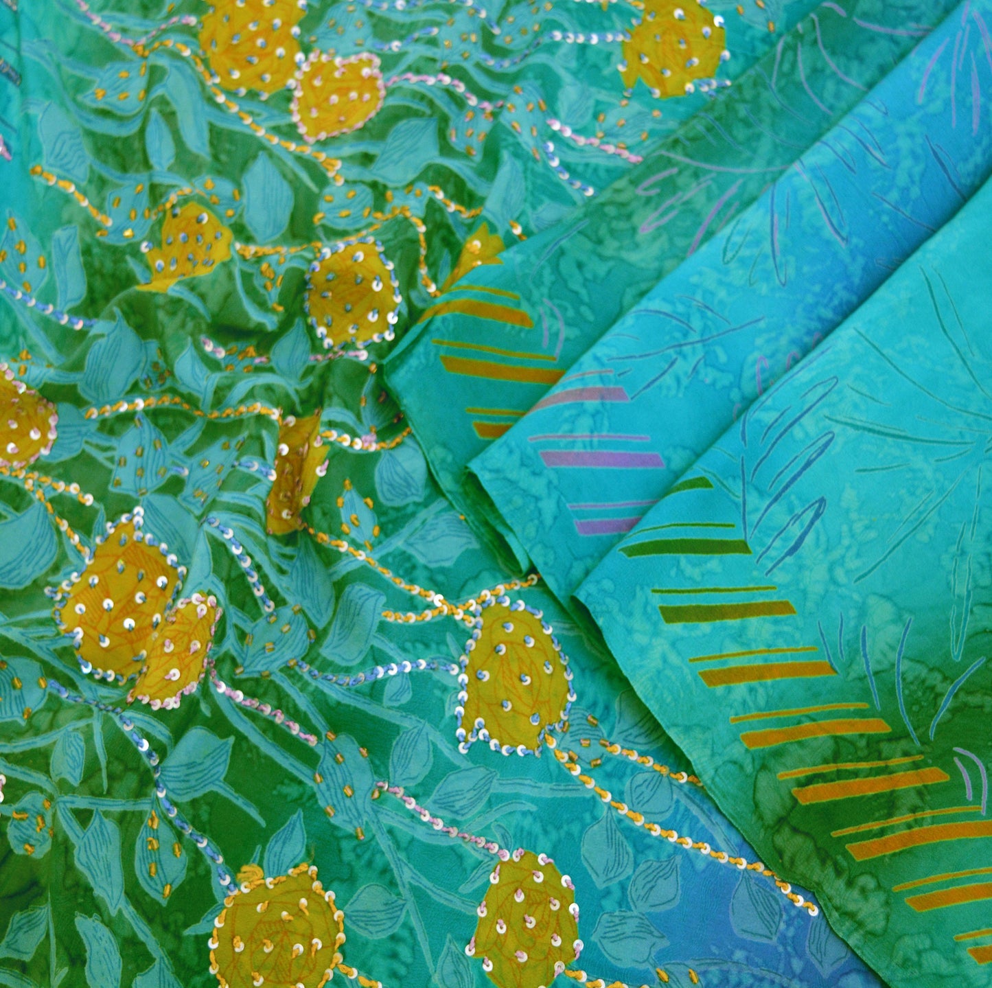 Indian Vintage Sari Blue Pure Crepe Silk Hand Embroidered Saree 5yard Sewing Floral Craft Sequins
