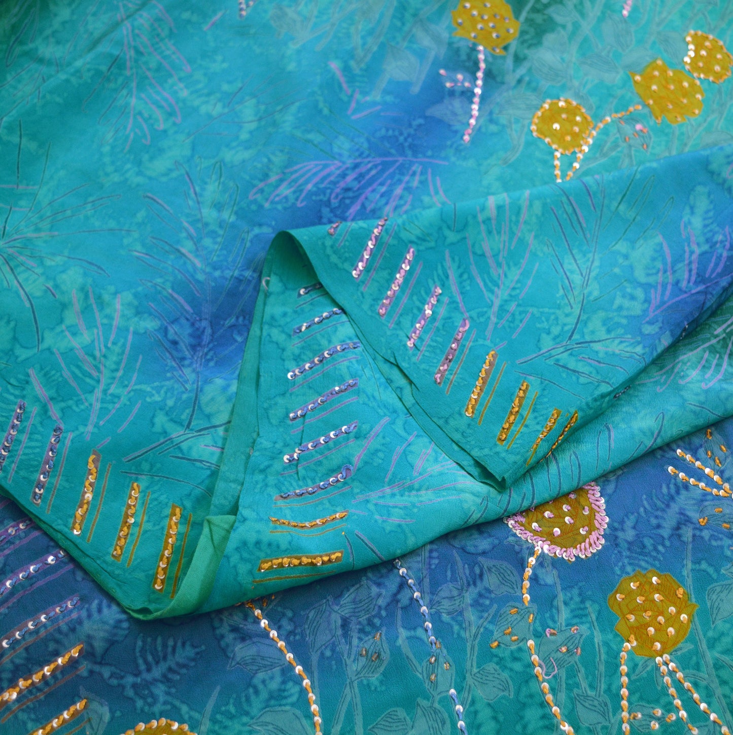 Indian Vintage Sari Blue Pure Crepe Silk Hand Embroidered Saree 5yard Sewing Floral Craft Sequins