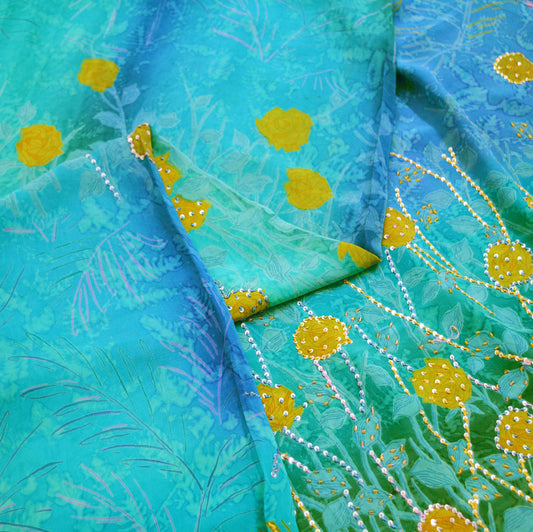 Indian Vintage Sari Blue Pure Crepe Silk Hand Embroidered Saree 5yard Sewing Floral Craft Sequins