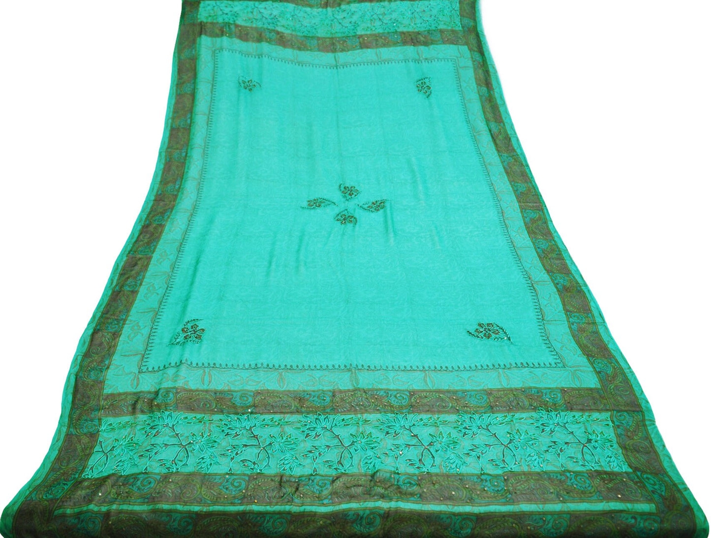 Vintage Green Dupatta Long Stole Pure Georgette Silk Hand Embroidered Indian Scarves Veil Hijab Floral Sequins