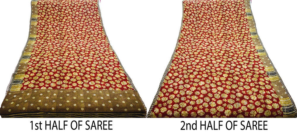 Indian Vintage Sari Red & Brown Pure Georgette Silk Hand Block Printed Saree Sewing 5yd Craft Soft Dress Designing Crafting Floral