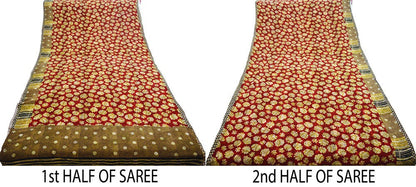 Indian Vintage Sari Red & Brown Pure Georgette Silk Hand Block Printed Saree Sewing 5yd Craft Soft Dress Designing Crafting Floral