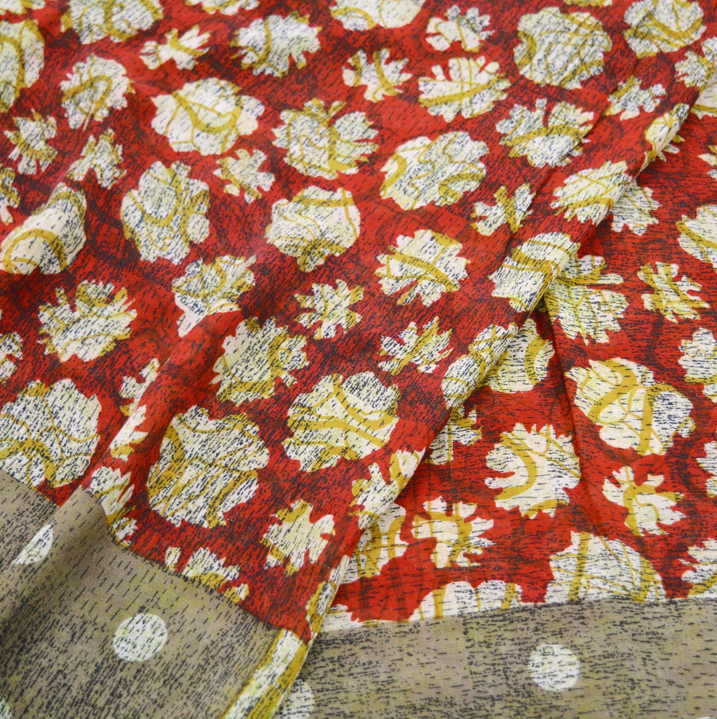 Indian Vintage Sari Red & Brown Pure Georgette Silk Hand Block Printed Saree Sewing 5yd Craft Soft Dress Designing Crafting Floral