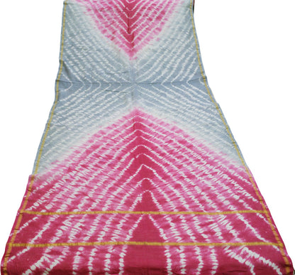 Indian Vintage Gray & Pink Dupatta Long Stole Hand Tie-Dye Print Pure Chanderi Silk Indian Scarves Veil Golden Zari