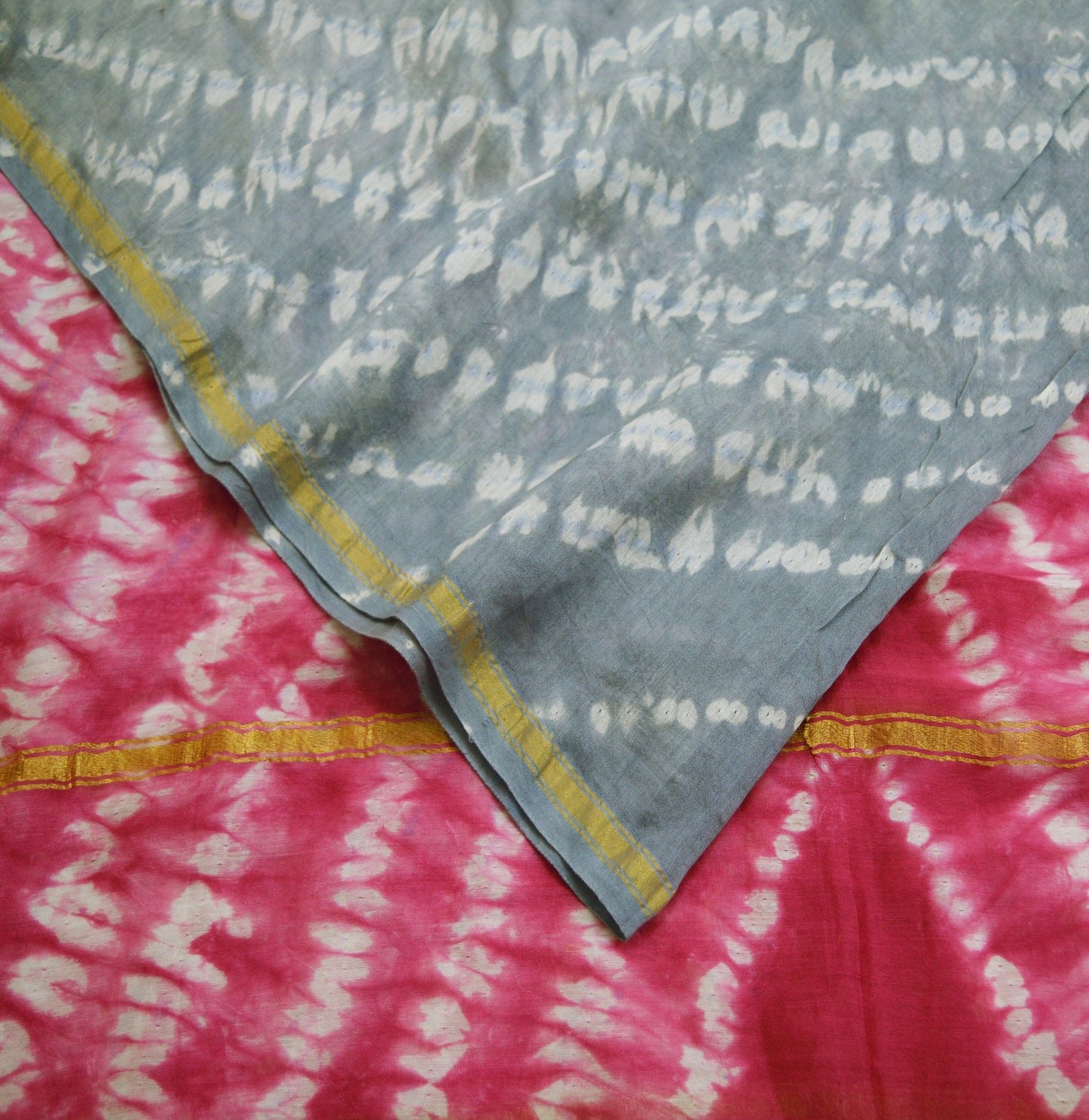 Indian Vintage Gray & Pink Dupatta Long Stole Hand Tie-Dye Print Pure Chanderi Silk Indian Scarves Veil Golden Zari