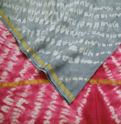 Indian Vintage Gray & Pink Dupatta Long Stole Hand Tie-Dye Print Pure Chanderi Silk Indian Scarves Veil Golden Zari