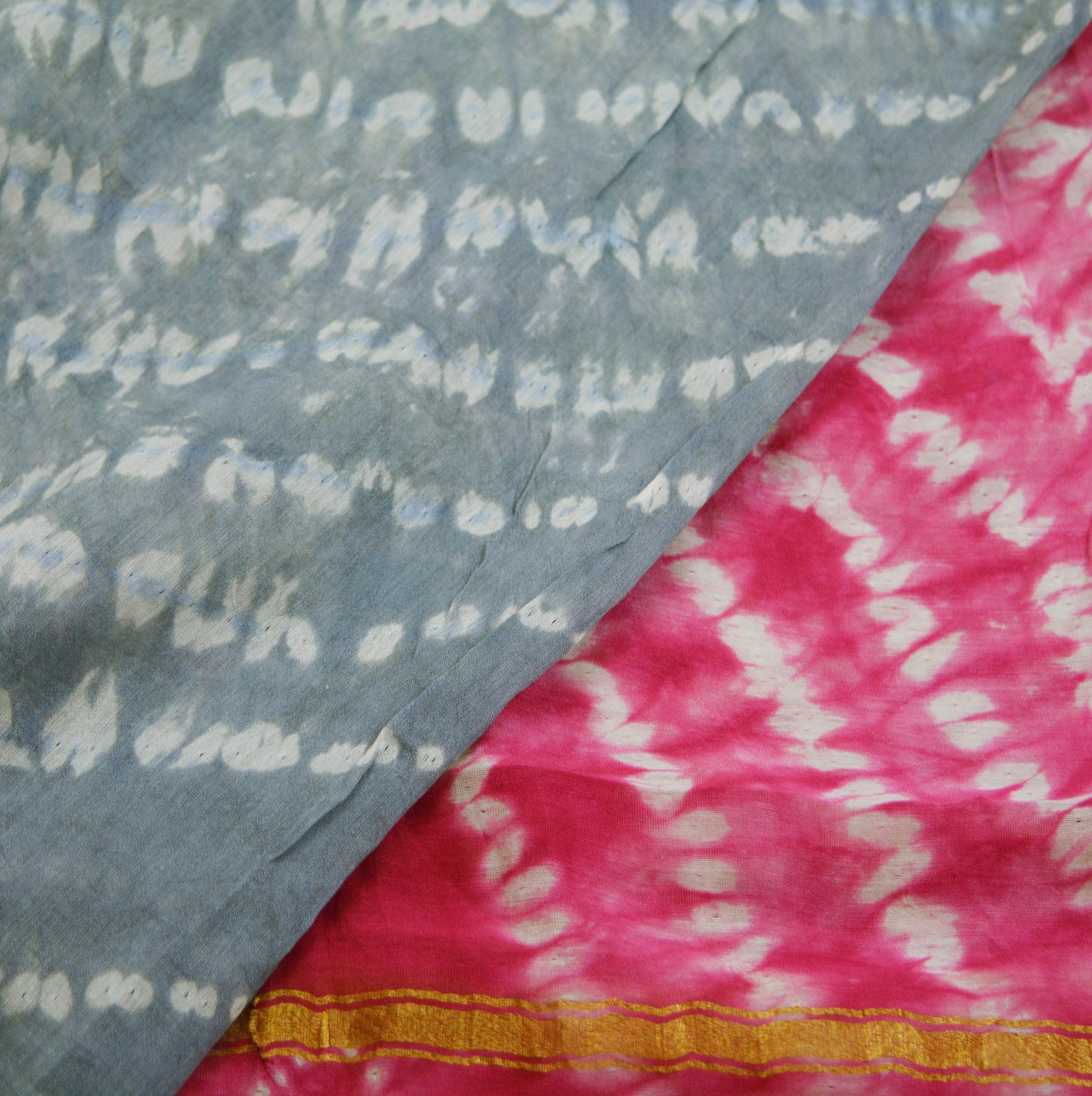 Indian Vintage Gray & Pink Dupatta Long Stole Hand Tie-Dye Print Pure Chanderi Silk Indian Scarves Veil Golden Zari