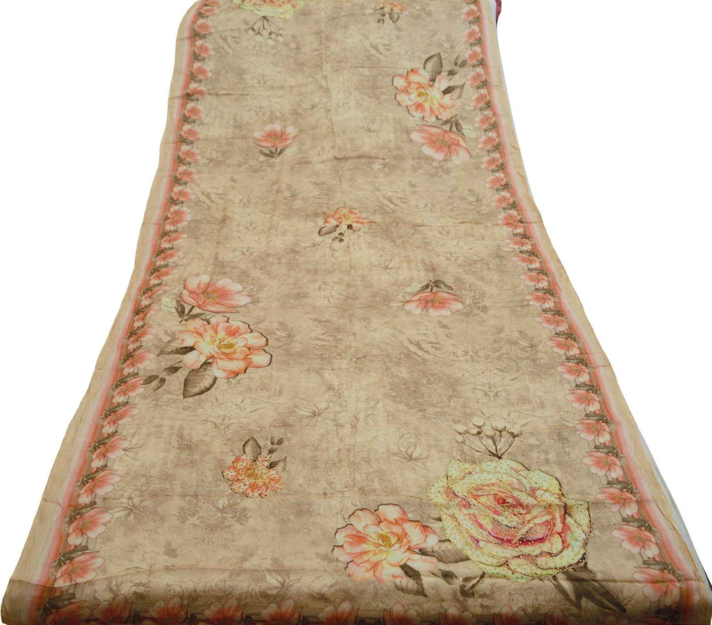 Vintage Dupatta Beige Long Stole Blend Silk Digital Printed Scarves Veil Hijab Wrap Floral