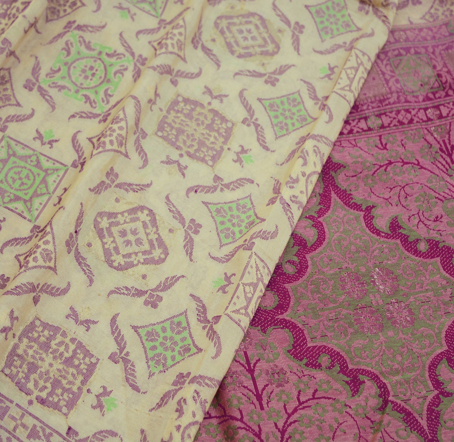 Indian Vintage Sari Ivory & Purple 100% Pure Silk Hand Woven Saree Fabric 6Yard Silk Sari Ethnic Floral Ethnic