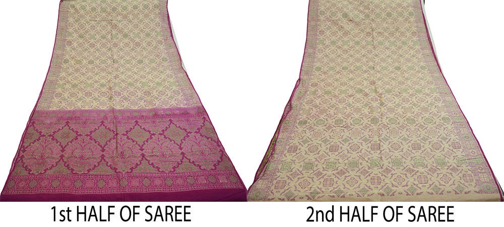 Indian Vintage Sari Ivory & Purple 100% Pure Silk Hand Woven Saree Fabric 6Yard Silk Sari Ethnic Floral Ethnic
