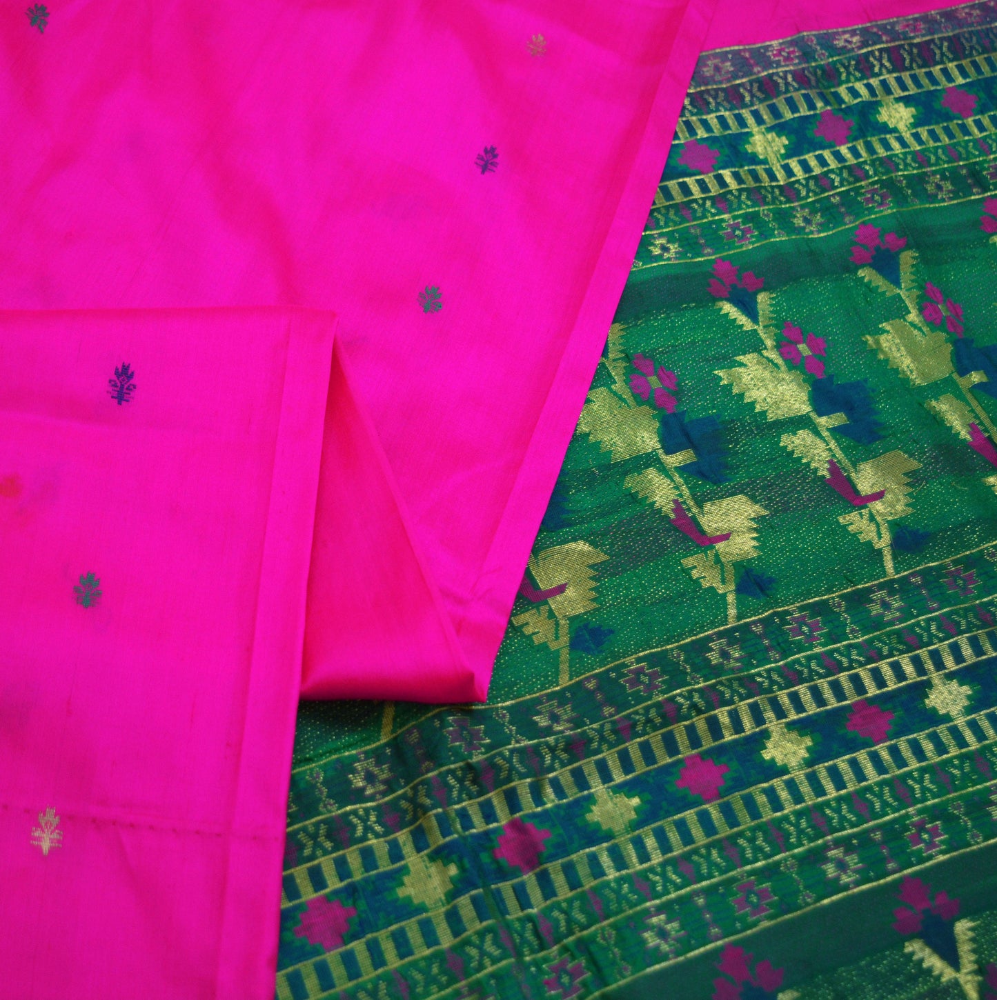 Vintage Green & Pink Hand Woven Saree 100% Pure Silk Indian Sari Metallic Golden Zari 5Yard Floral Design