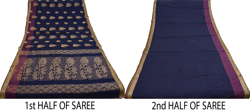 Indian Vintage Sari Blue Pure Silk Hand Woven Sarees Fabric 6Yard Sewing Ethnic Floral