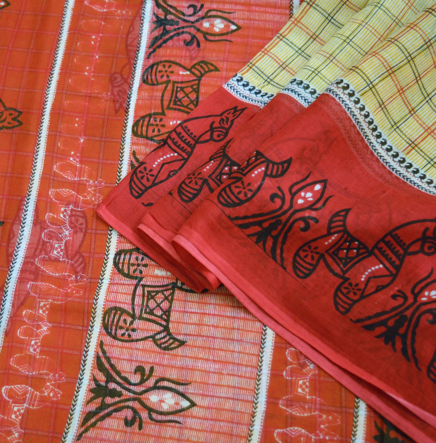 Indian Vintage Sari Red & Mustard Pure Cotton Printed Sarees Fabric 5yd Sewing Craft Fabric DressMaking Soft