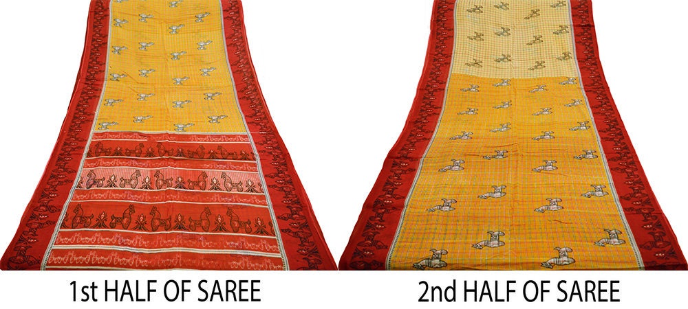 Indian Vintage Sari Red & Mustard Pure Cotton Printed Sarees Fabric 5yd Sewing Craft Fabric DressMaking Soft
