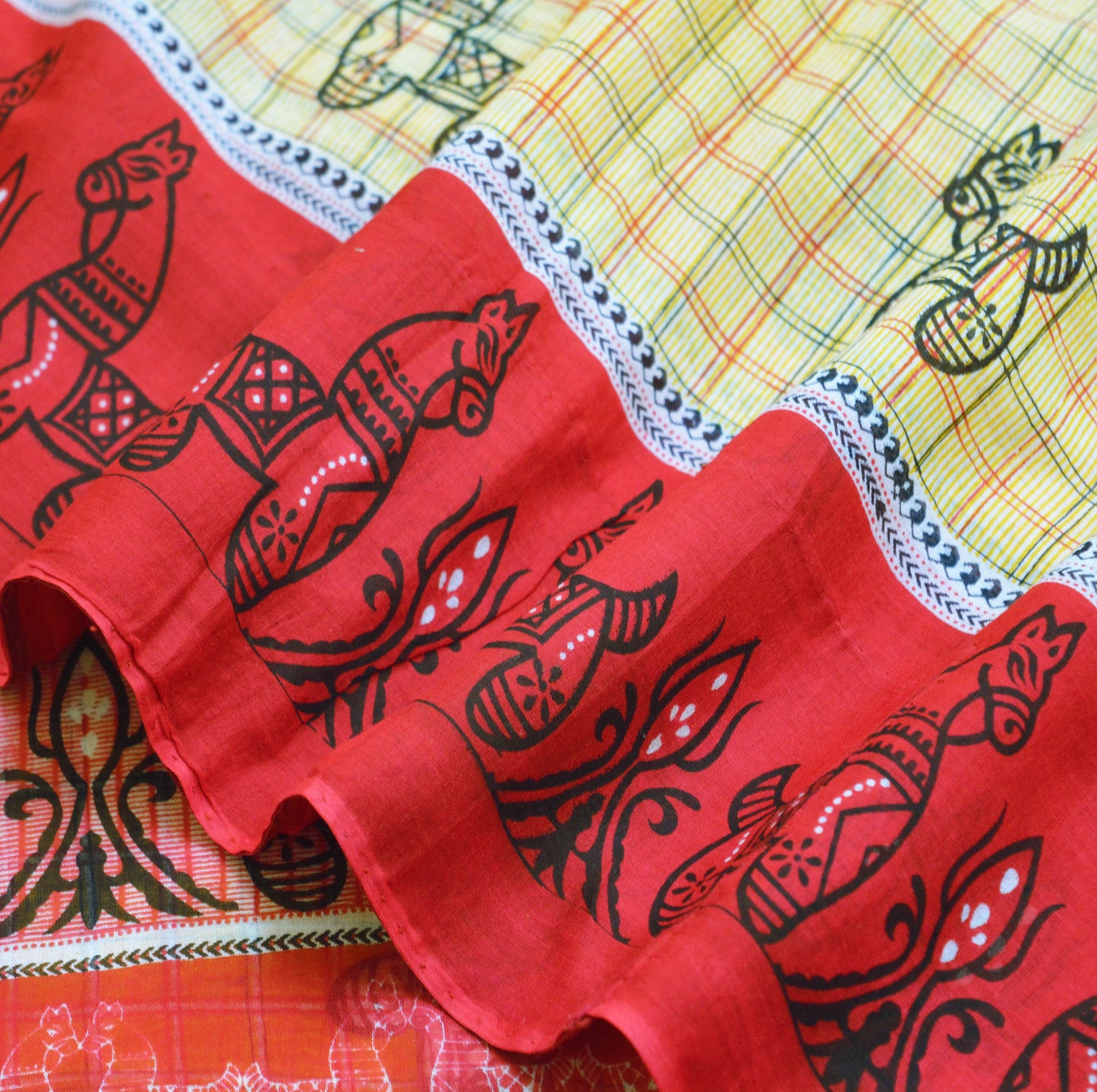 Indian Vintage Sari Red & Mustard Pure Cotton Printed Sarees Fabric 5yd Sewing Craft Fabric DressMaking Soft
