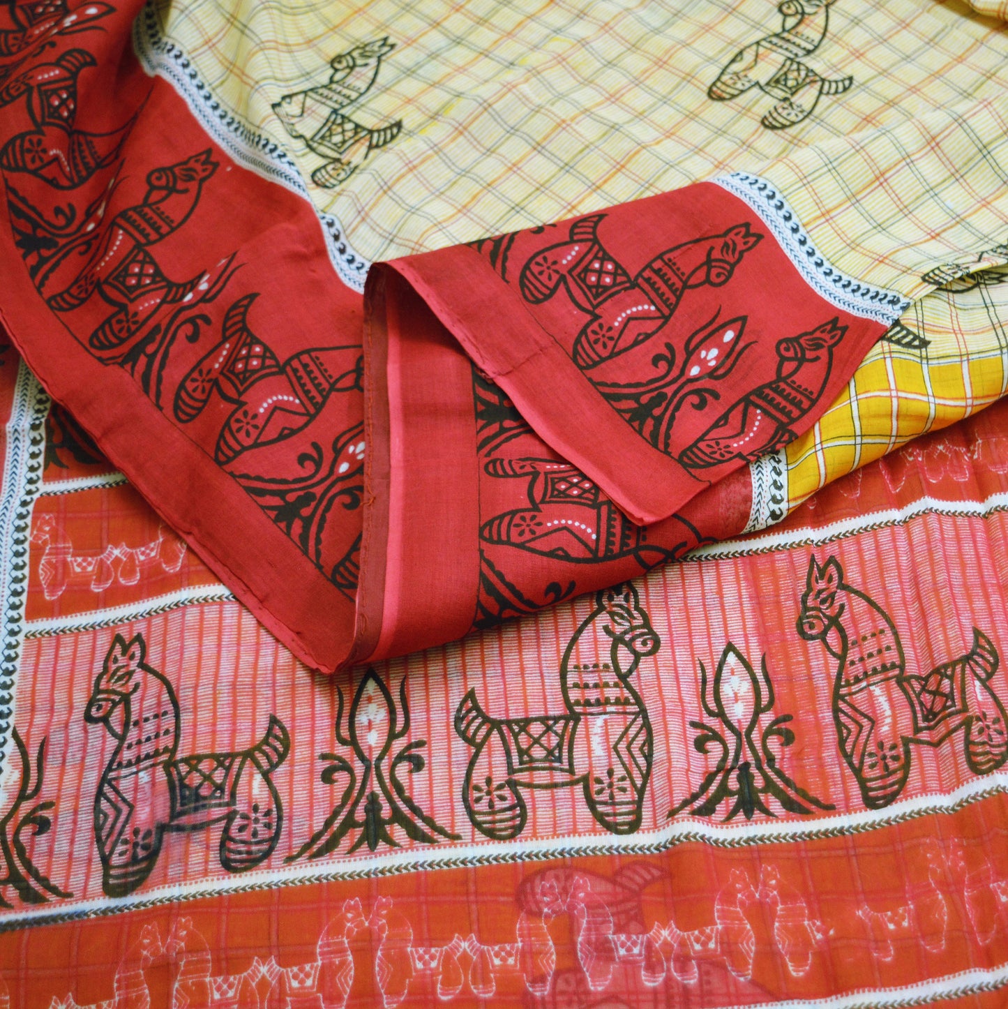 Indian Vintage Sari Red & Mustard Pure Cotton Printed Sarees Fabric 5yd Sewing Craft Fabric DressMaking Soft