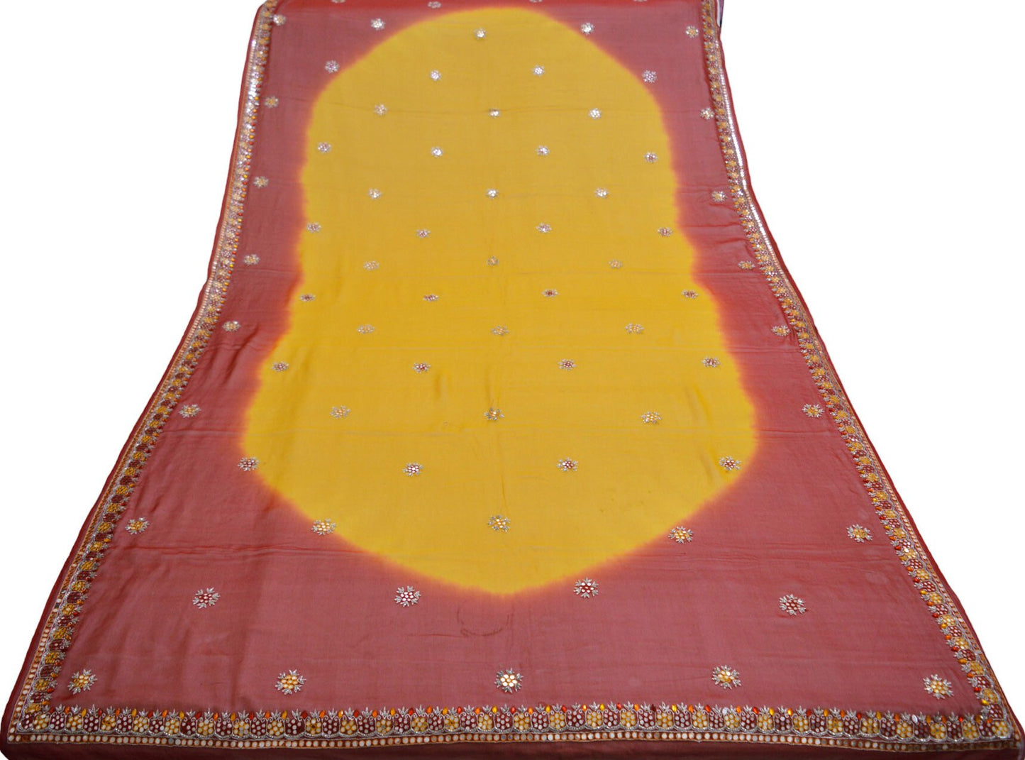 Vintage Red & Saffron Dupatta Long Stole Pure Georgette Silk Hand Embroidered Indian Scarves Veil Hijab Floral Zari