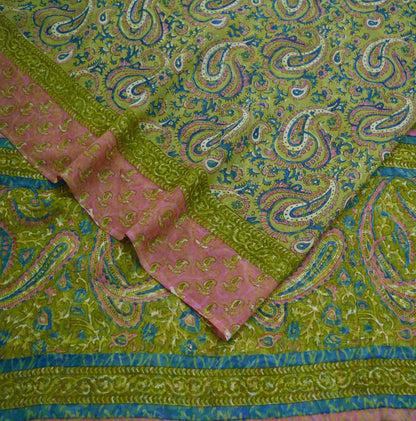 Women Vintage Sari Green 100% Pure Georgette Silk Block Printed Saree Craft Fabric Sewing 5Yard Soft Sari Dress Making