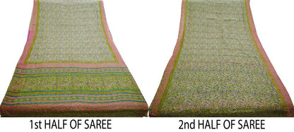 Women Vintage Sari Green 100% Pure Georgette Silk Block Printed Saree Craft Fabric Sewing 5Yard Soft Sari Dress Making