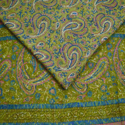 Women Vintage Sari Green 100% Pure Georgette Silk Block Printed Saree Craft Fabric Sewing 5Yard Soft Sari Dress Making