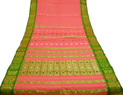 Vintage Sari Peach Pure Cotton Hand Woven Saree Zari 5Yard Soft Floral Ethnic Fringes