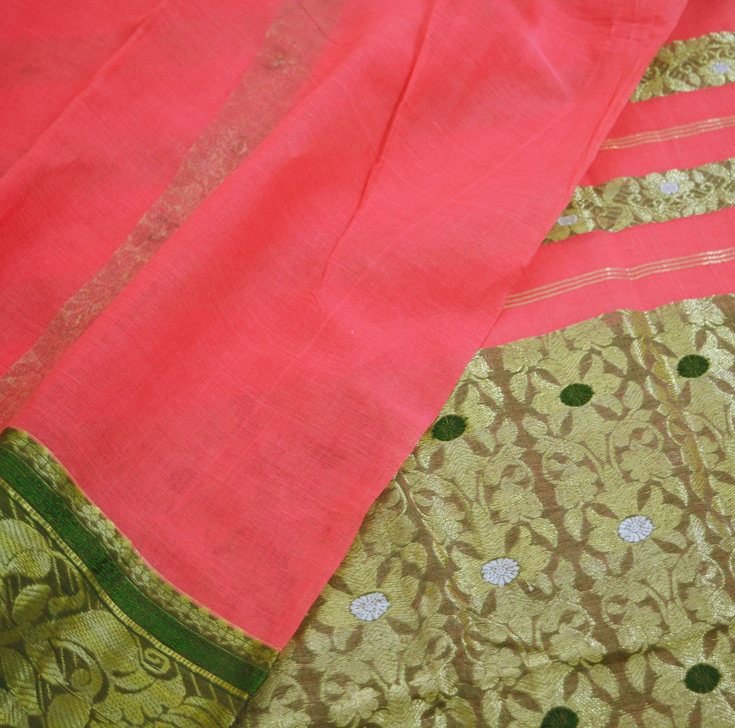 Vintage Sari Peach Pure Cotton Hand Woven Saree Zari 5Yard Soft Floral Ethnic Fringes