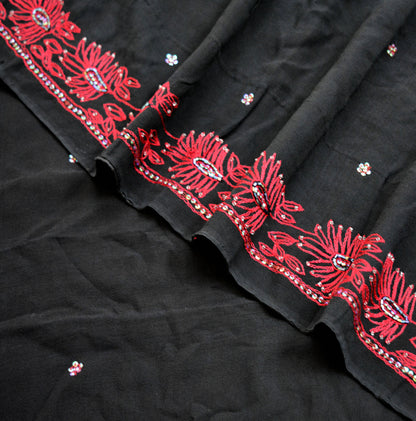 Indian Vintage Sari Black Pure Georgette Silk Hand Embroidered Saree Fabric 5Yard Sewing Soft Ethnic