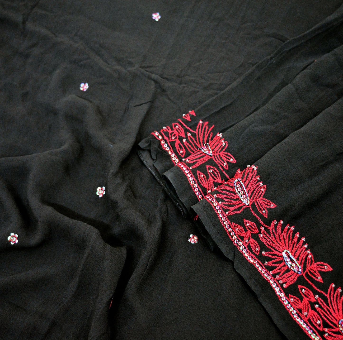 Indian Vintage Sari Black Pure Georgette Silk Hand Embroidered Saree Fabric 5Yard Sewing Soft Ethnic