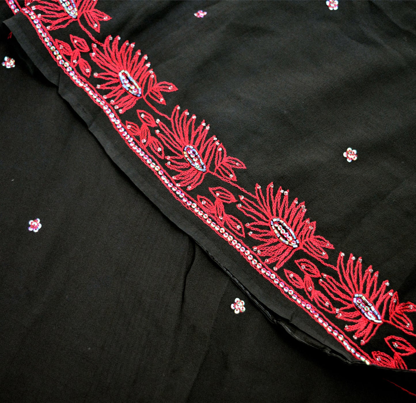 Indian Vintage Sari Black Pure Georgette Silk Hand Embroidered Saree Fabric 5Yard Sewing Soft Ethnic