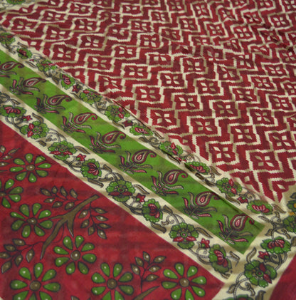 Indian Vintage Sari Red & Green Printed 100% Pure Cotton Saree Craft Fabric 5Yard Sewing Sarong Wrap Boho Floral