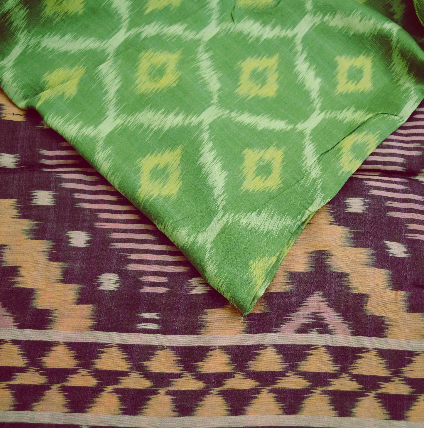 Vintage Green & Purple Hand woven Sambalpuri Ikat Saree Pure Silk Indian Sari Fabric 5Yd Ethnic Chackra Border Indian Sari