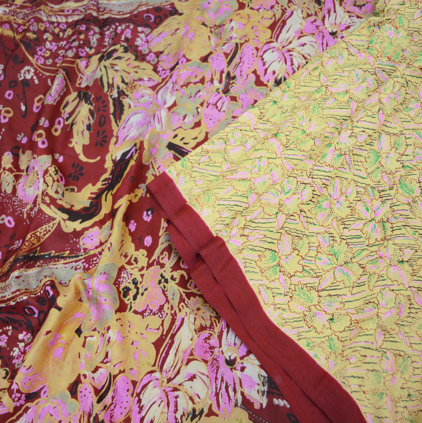 Indian Vintage Sari Maroon & Yellow Pure Silk Printed Saree 5yd Sewing Craft Fabric DressMaking Soft