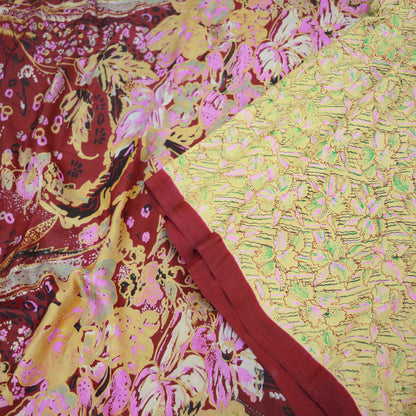 Indian Vintage Sari Maroon & Yellow Pure Silk Printed Saree 5yd Sewing Craft Fabric DressMaking Soft