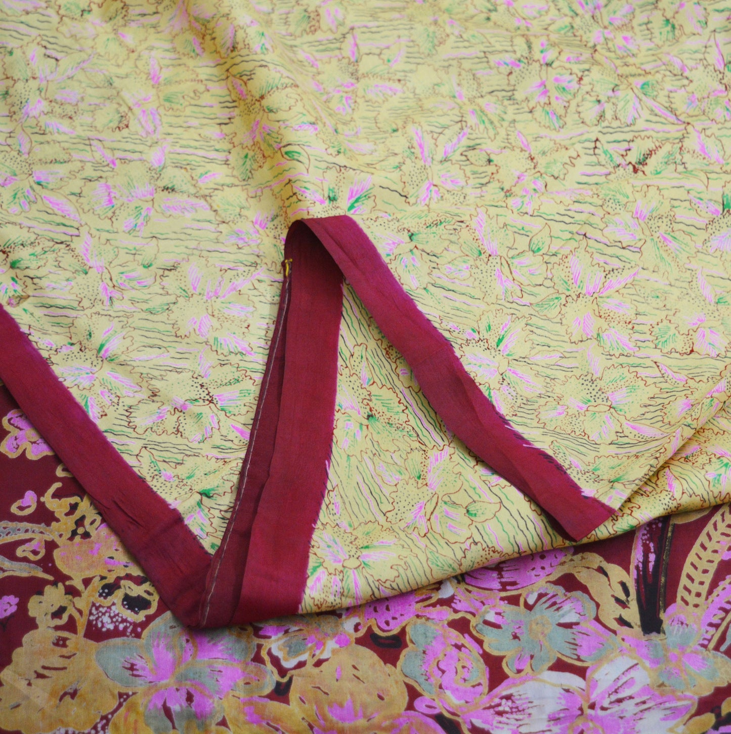 Indian Vintage Sari Maroon & Yellow Pure Silk Printed Saree 5yd Sewing Craft Fabric DressMaking Soft