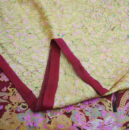 Indian Vintage Sari Maroon & Yellow Pure Silk Printed Saree 5yd Sewing Craft Fabric DressMaking Soft