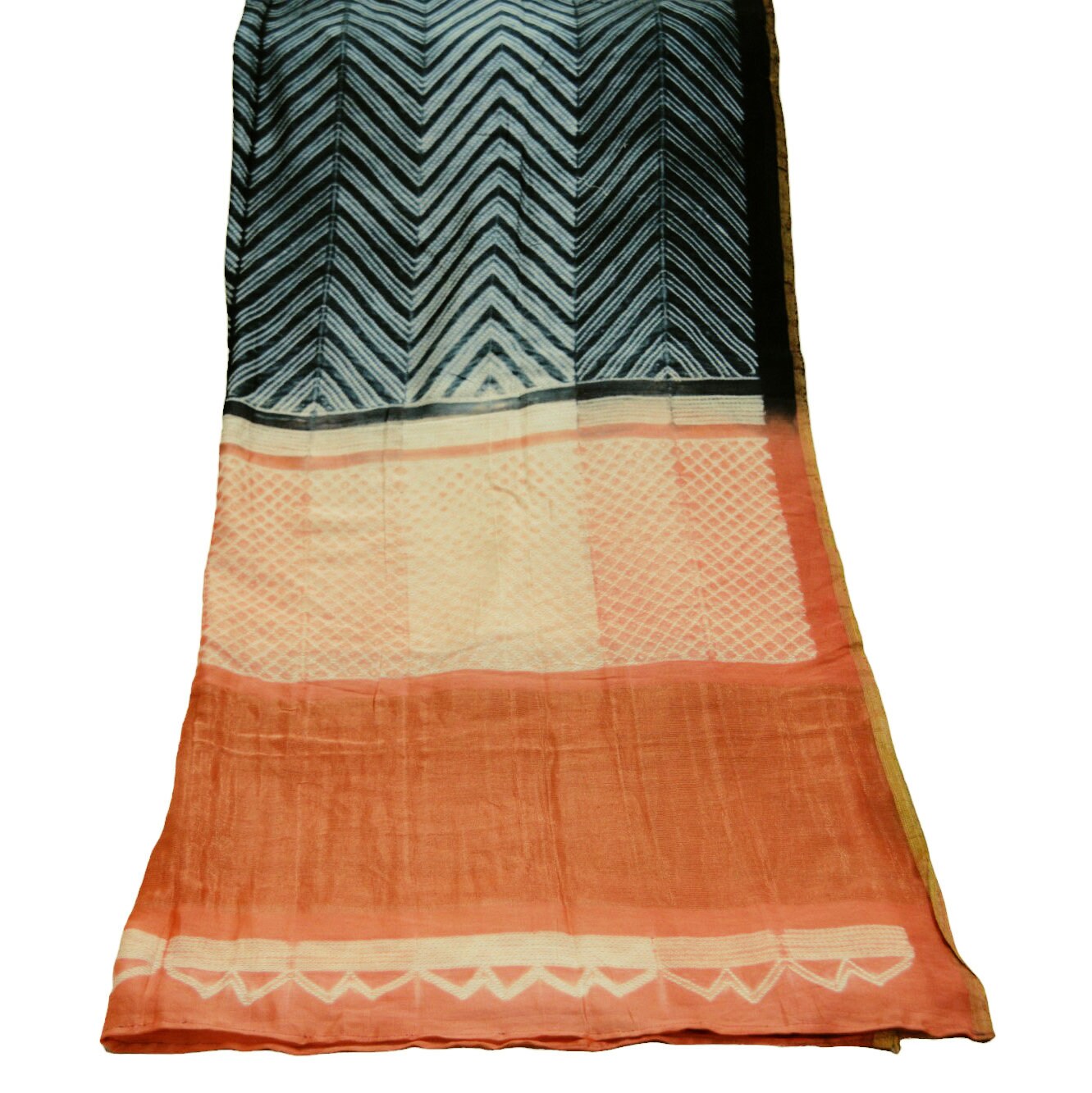 Indian Vintage Peach & Black Dupatta Long Stole Hand Block Print Pure Chanderi Silk Indian Scarves Veil Golden Zari