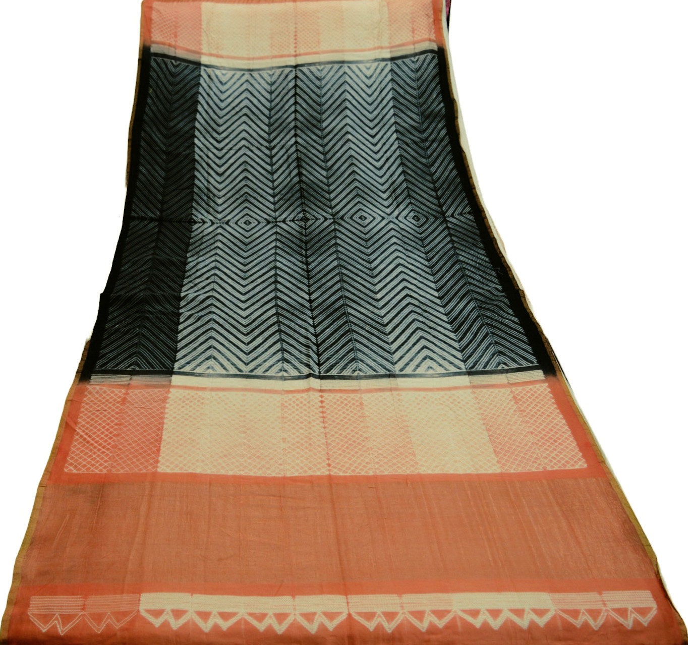 Indian Vintage Peach & Black Dupatta Long Stole Hand Block Print Pure Chanderi Silk Indian Scarves Veil Golden Zari